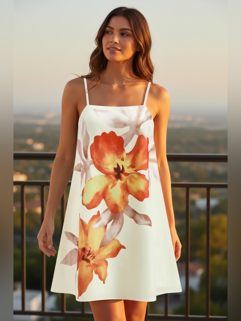 Commense Cream Floral Slip Dress with Orange-Yellow Blooms